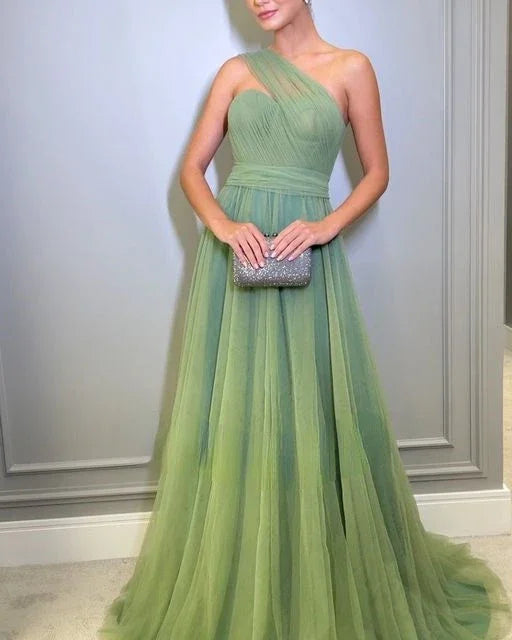 Light Green Prom Dresses One Shoulder A-line فساتين السهرة Elegant Sleeveless Sweep Train Tulle vestidos verano moda