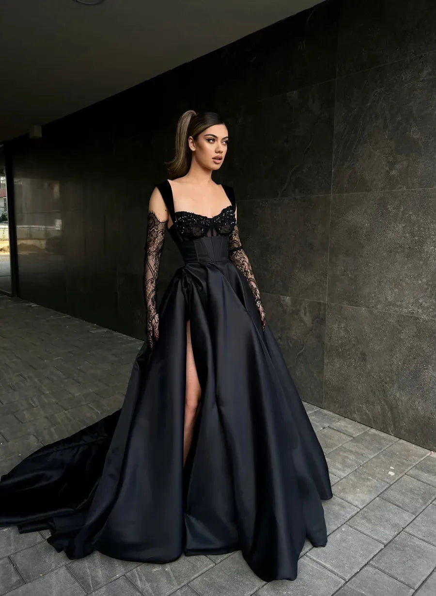 Gothic A-line Prom Dress Elegant Silk Satin Evening dress Sweep Tail فستان سهرة Sweet Spaghetti Strap Party Dresses Black