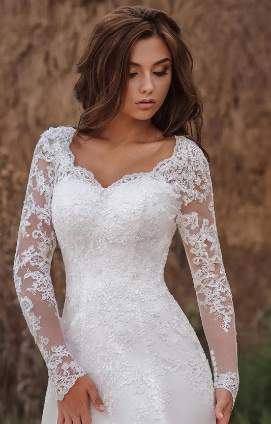 Vestios de novia תחרה למעלה שמלות כלה קין v-צווארון v אפליקציות שרוולים ארוכים גן שמלות כלה אלגנטיות עם ראו גב אחורה