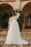 Puff Sleeve High Split Wedding Dresses Sweetheart Tulle Robe De Mariée A-line Backless Bridal Party For Women Satin
