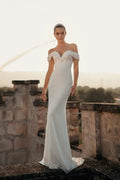 Elegant Minimalist Sheath Wedding Dress with Strapless Off-Shoulder Neckline, Glitter Embellishments, and Natural Waistline for a Stunning Bridal Look Satin