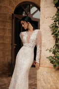 Stylish Mermaid Wedding Dresses For Women Full Sleeves V Neck Lace Appliques Brush Train Abito Da Sposa Satin
