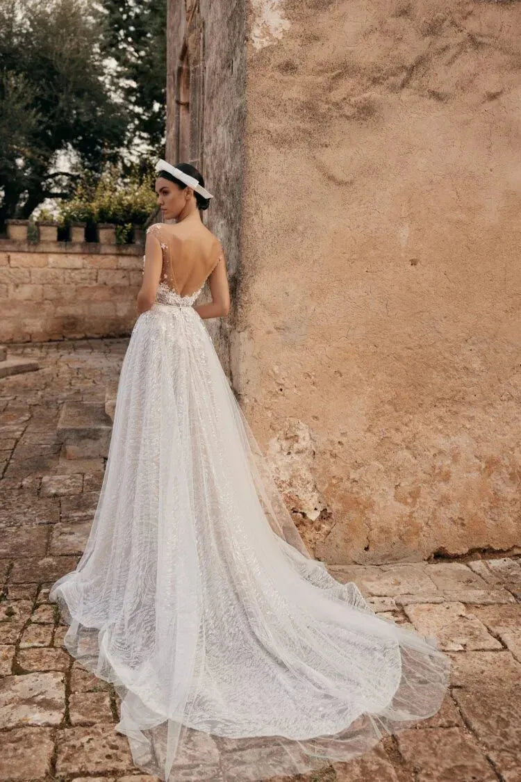 Elegant Minimalist A-Line Wedding Dress with Illusion Neckline, and Natural Waistline for a Stunning Bridal Look Satin