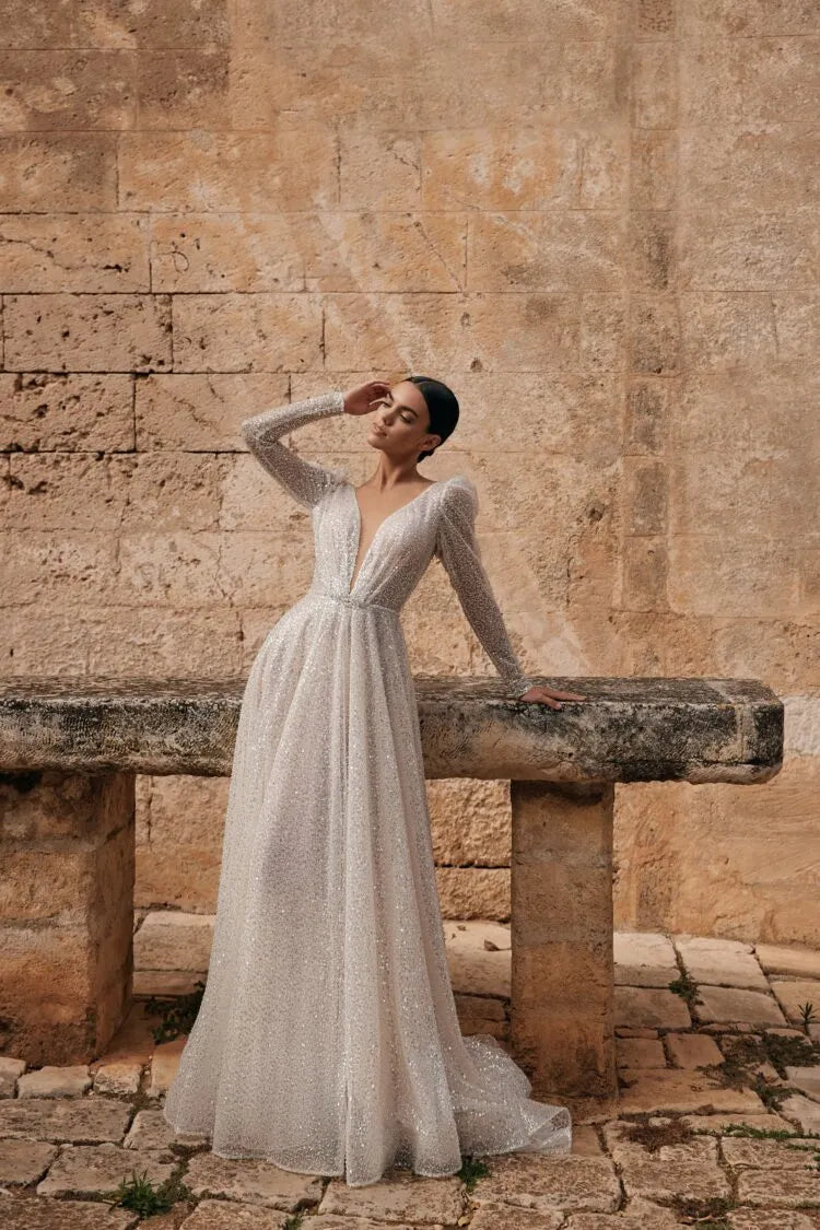 Deep V-neck Sequins Sparkly Long Sleeve Wedding Dresses for Bridal Belt Illusion Wedding Party Gown vestidos Satin