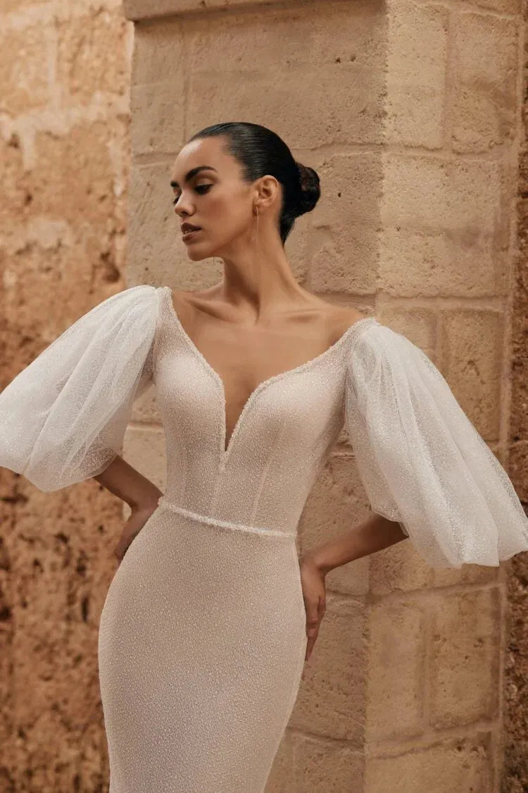 Mermaid Wedding Dress Sexy Glitter Tulle Sleeve Custom Made Illusion Backless Bridal Party Satin