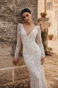 Romantic Long-Sleeve Mermaid Wedding Dress – V-Neck Design with Pearl Embellishments and a Natural Waistline for an Elegant Bridal Look Satin