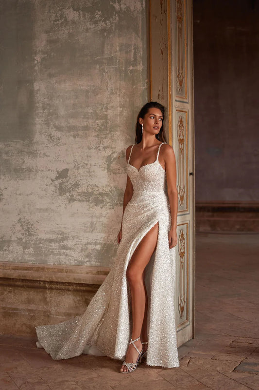 Vestidos de novia brillantes de lujo, tirantes finos, sirena brillante, abertura lateral alta, vestidos de novia con espalda descubierta, vestido de novia con lentejuelas 