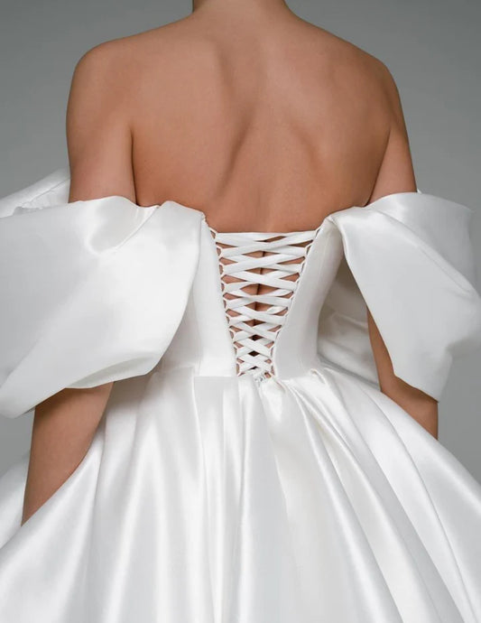 Vestidos de festa de casamento curtos brancos fora dos vestidos de bola de ombro Mini vestidos de noiva com palestras de noiva para mulheres