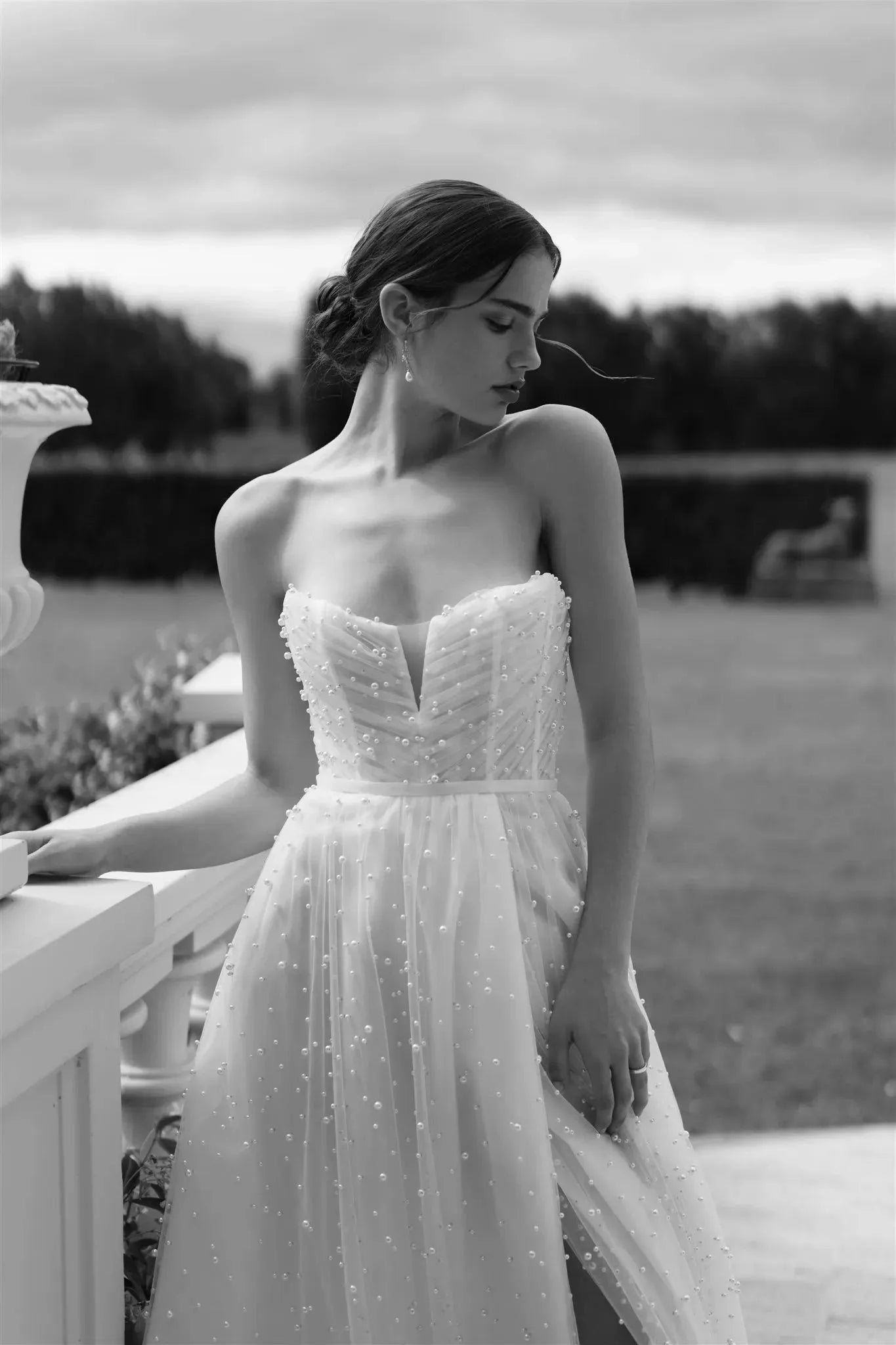 Vintage Beaded Strapless Princess A Line Wedding Dresses Side Slit Cus