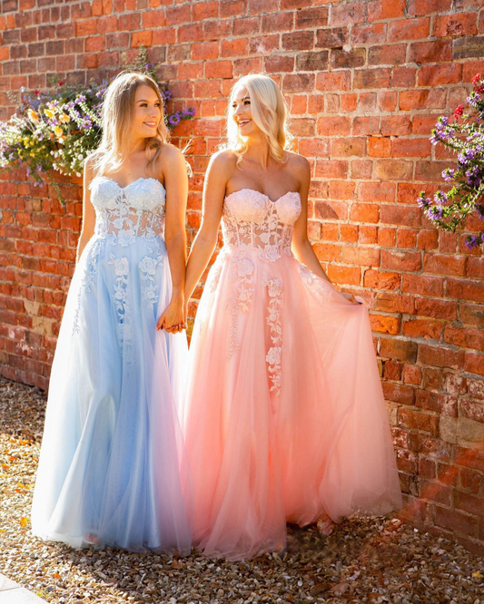 Blue Lace Applique Prom Dresses Tulle Strapless Long Floor Length Celebrity Graduation Evening Gowns Special Occasion Dresses