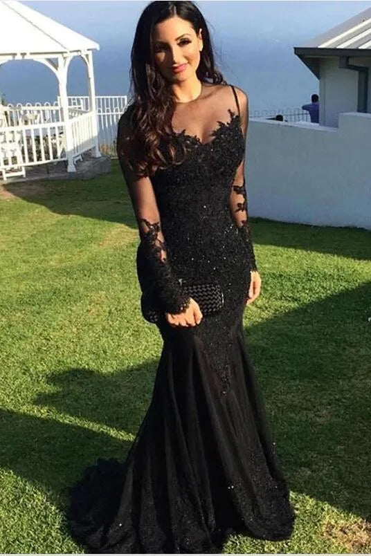Black Lace Embroidery Prom Dresses Illusion Mermaid فساتين السهرة Long Sleeves Floor-Length vestidos verano moda
