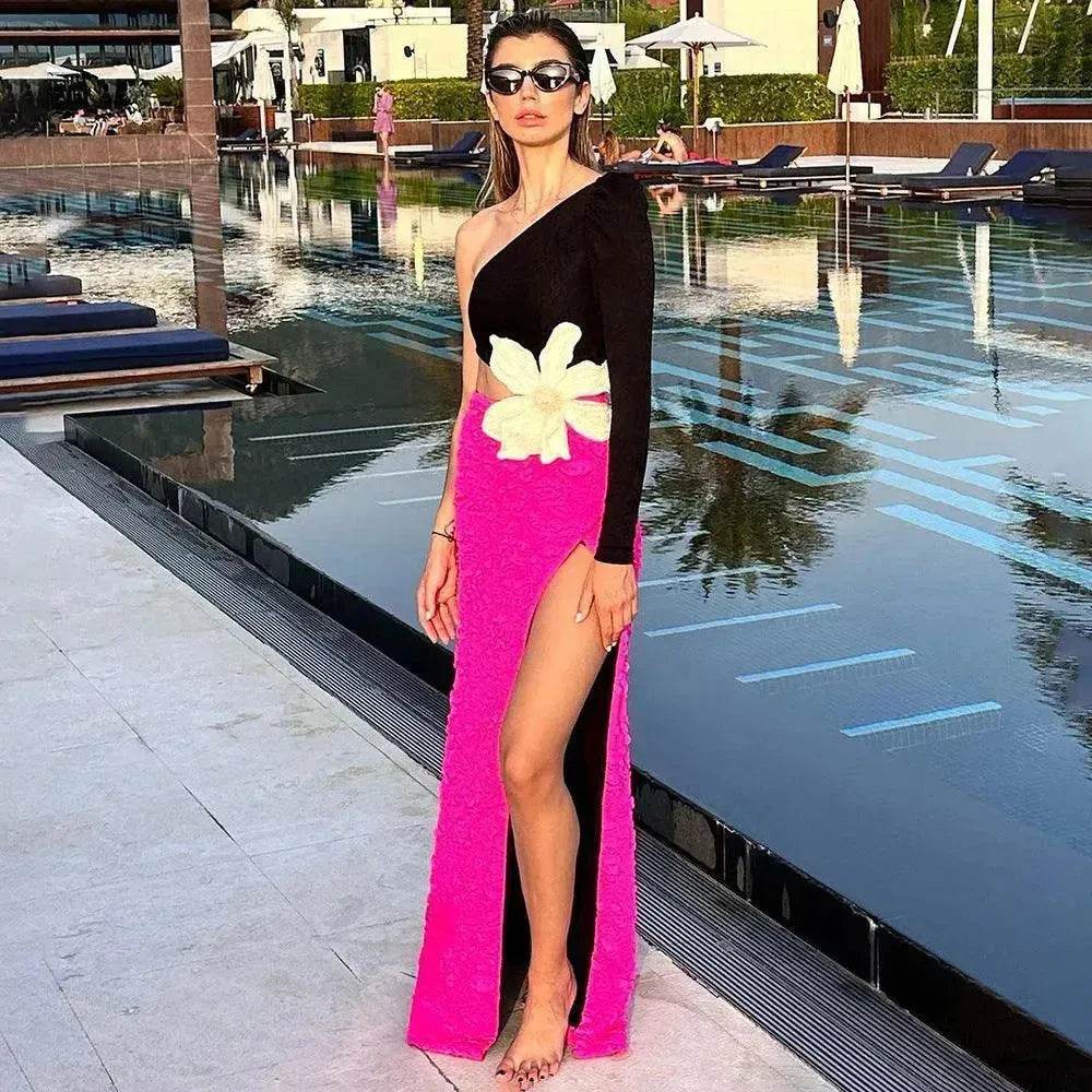 Fashion Party Dresses For Women Autumn Winter Sexy One Shoulder Long Sleeves High Waist Big Flower Decoration Gowns