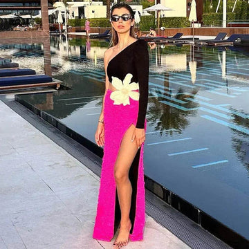 Fashion Party Dresses For Women Autumn Winter Sexy One Shoulder Long Sleeves High Waist Big Flower Decoration Gowns