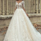 Gaun Perkahwinan Champagne Lengan Panjang Line Puff Sparkly Tulle Bride Dress Gaun Pesta Perkahwinan Wanita Elegant