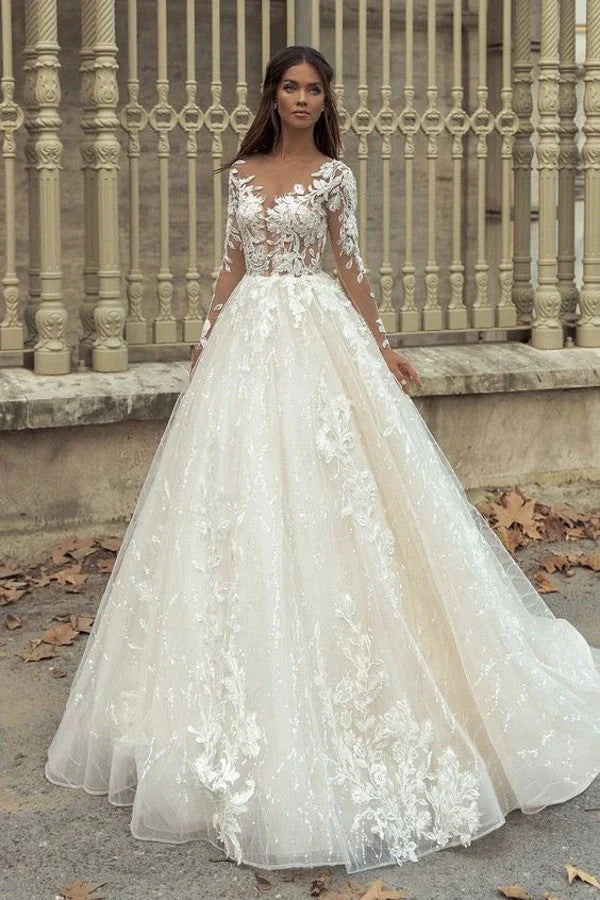 Champagne Wedding Dress Long Sleeve A Line Puff Sparkly Tulle Bride Dress Elegant Women's Wedding Party Dress