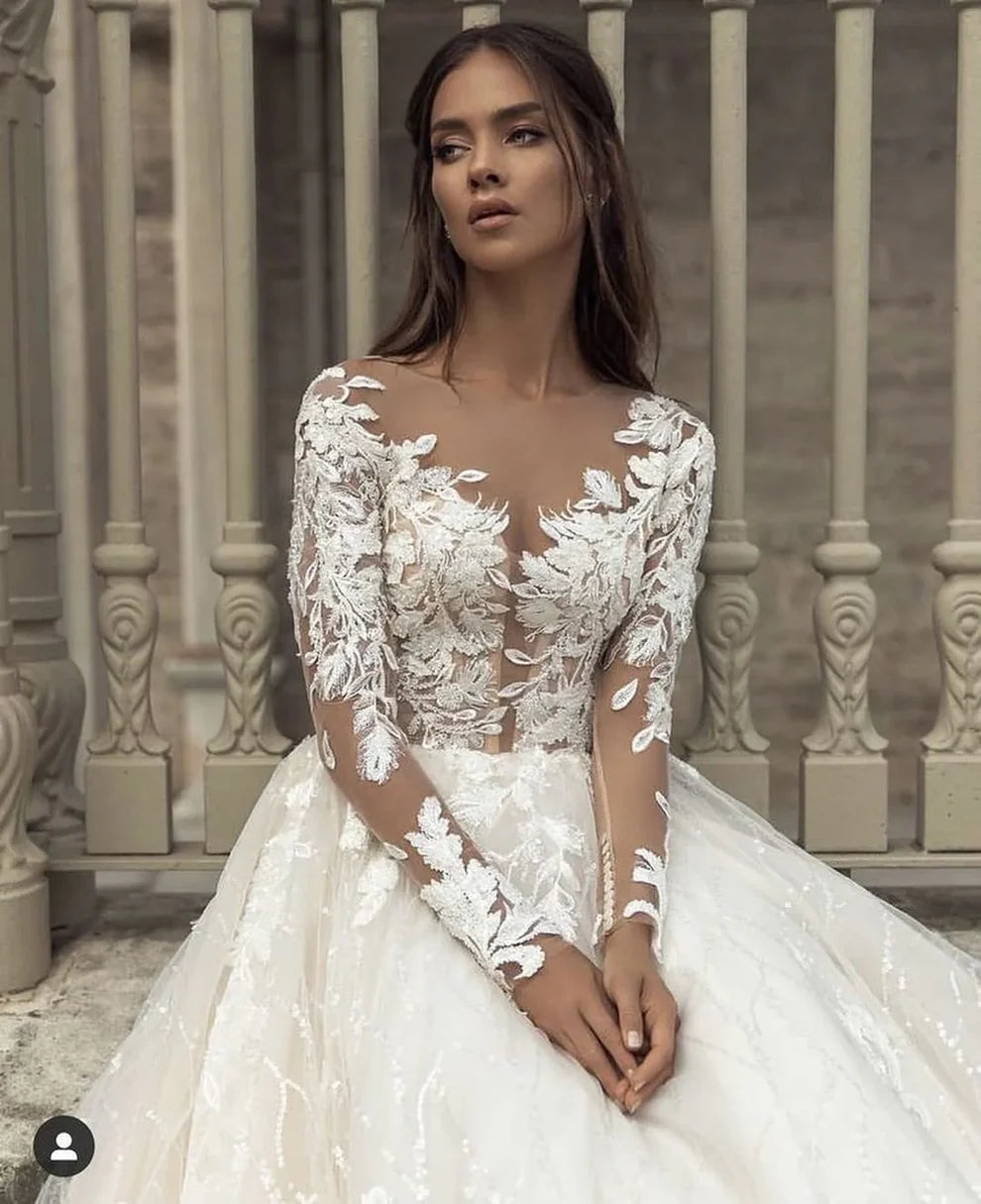 Robe de mariée Champagne à manches longues, ligne A bouffante, en Tulle scintillant, robe de soirée de mariage élégante pour femmes 