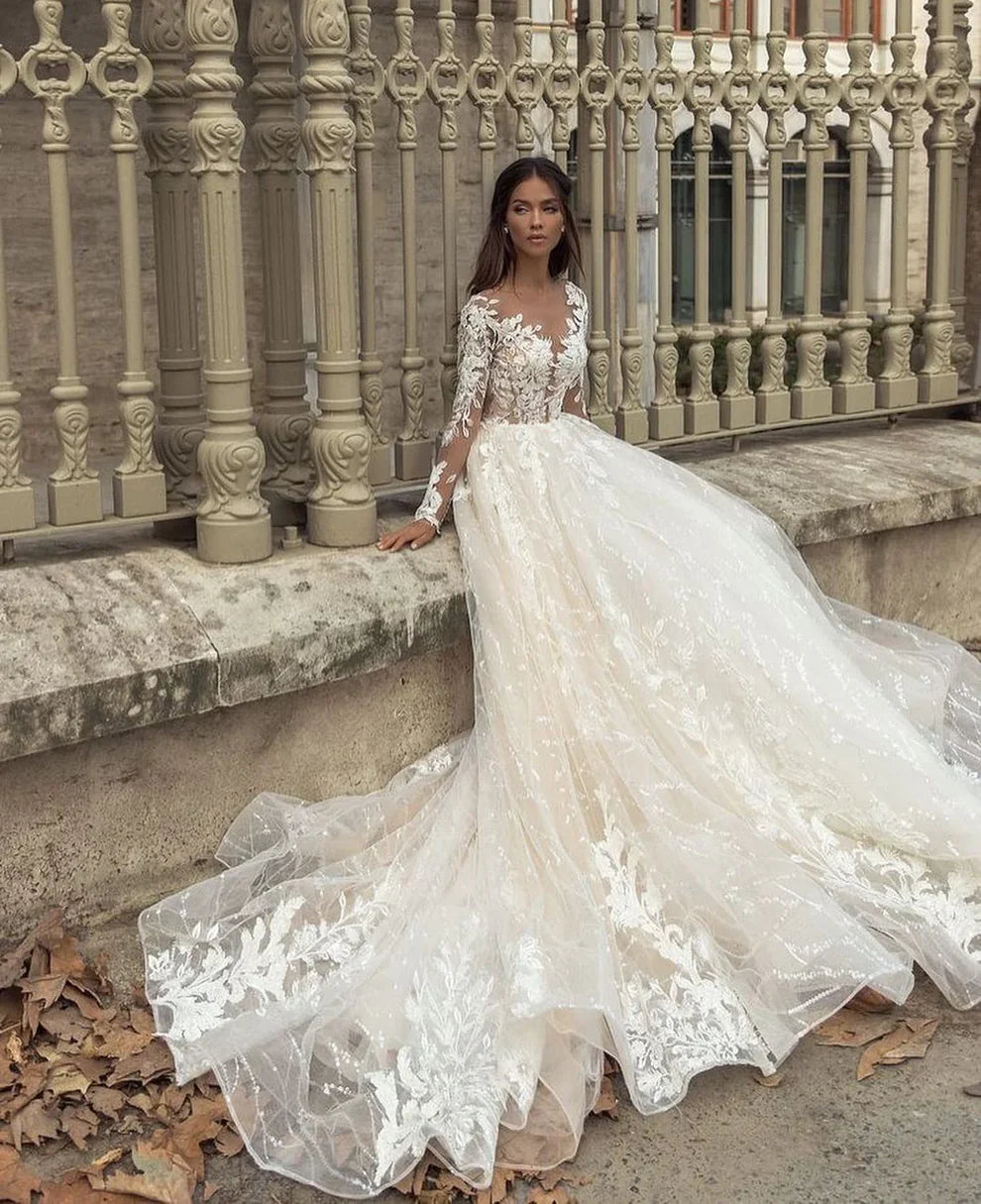 Robe de mariée Champagne à manches longues, ligne A bouffante, en Tulle scintillant, robe de soirée de mariage élégante pour femmes 