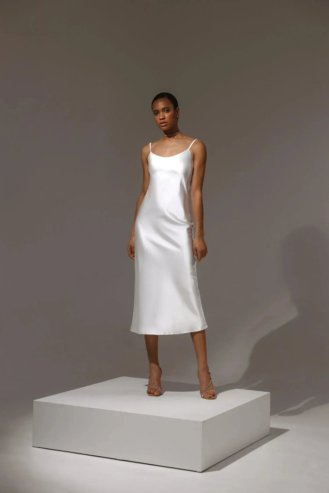 Sheath silhouette Wedding dress spaghetti with scoop neckline natural waistline Satin