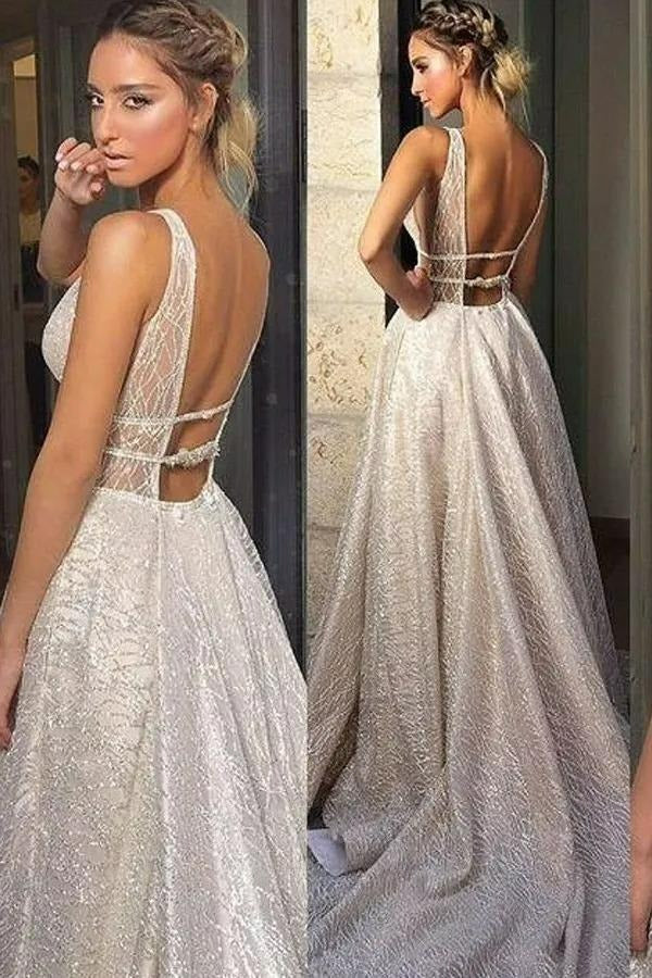 Spark Bohemia Wedding Dresses Low-Cut V-Neck Glitter Sleeveless Bridal Gowns Shiny A-Line Bride Dress vestidos de novia