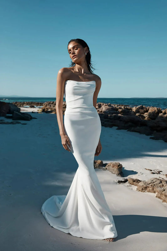 Vestidos de novia de sirena simples, sin mangas, sin tirantes, vestido de novia de playa, vestidos de novia minimalistas 