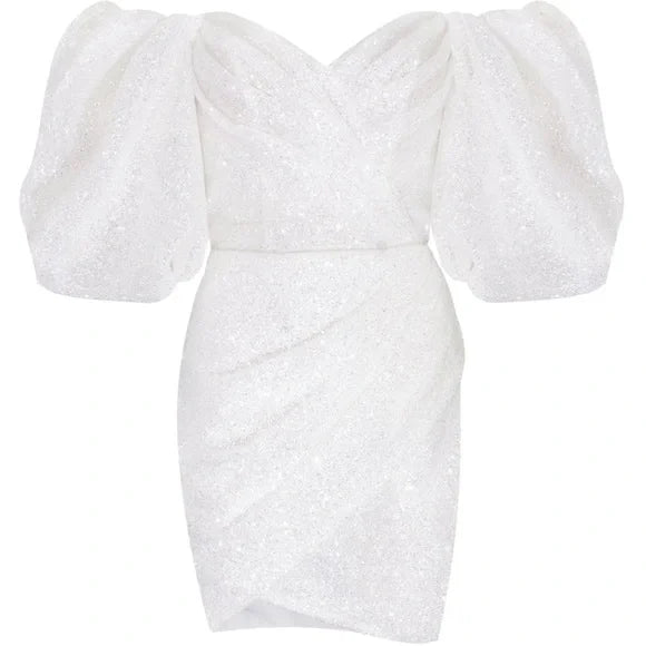 Robe de soirée de mariage sirène courte à paillettes, manches bouffantes en cœur, robes de bal de mariée brillantes, robe de Cocktail à lacets