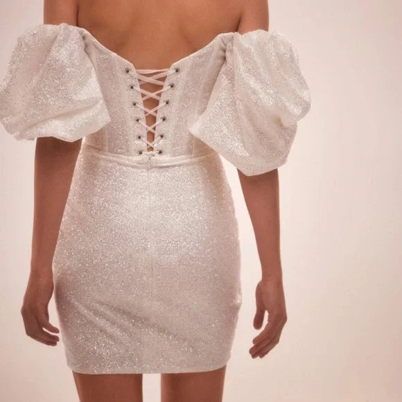 Vestidos de fiesta de boda de sirena cortos con purpurina, mangas abullonadas, vestidos de graduación para novias, vestido de cóctel brillante con cordones