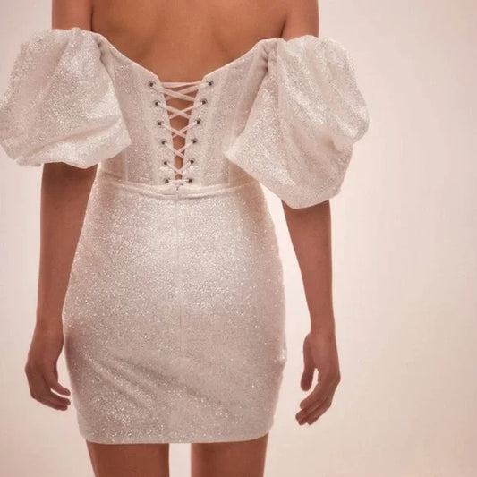 Robe de soirée de mariage sirène courte à paillettes, manches bouffantes en cœur, robes de bal de mariée brillantes, robe de Cocktail à lacets