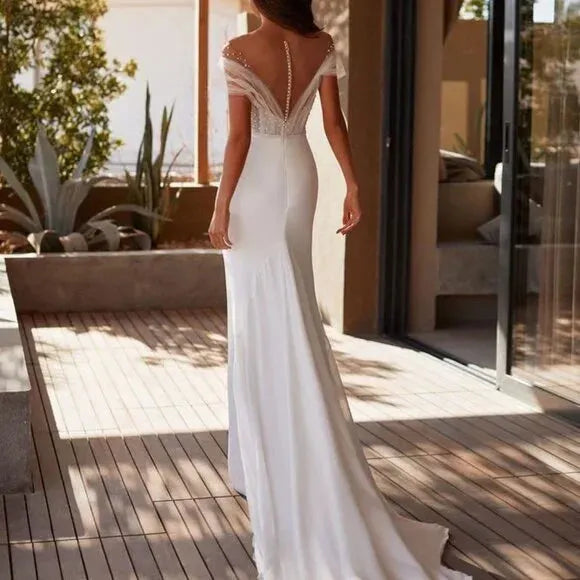 Off the Shoulder Chiffon Mermaid Wedding Dresses Pattern Beach Mermaid Gown Scoop Neck Lace Sweep Train Vestido De Novia 50cm