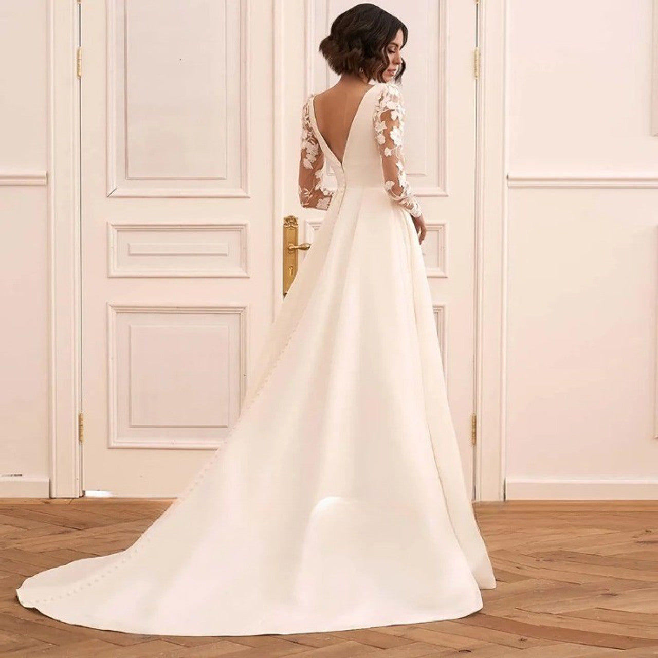 Morden Satin A Line Wedding Dresses V Neck Fullsleeve Gaun Pengantin Renda Appliques Plest Vestido de Novia Sweep Train