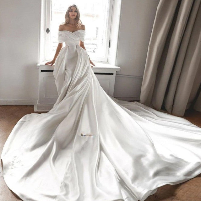 Robes De mariée en Satin simples et élégantes, épaules dénudées, col bateau, Robes De soirée formelles, glamour