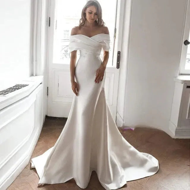 Satin Wedding Dresses Simple Elegant Bridal Gowns Off The Shoulder Boat Neck Robes For Formal Party Glamorous Vestidos De Novia 14w