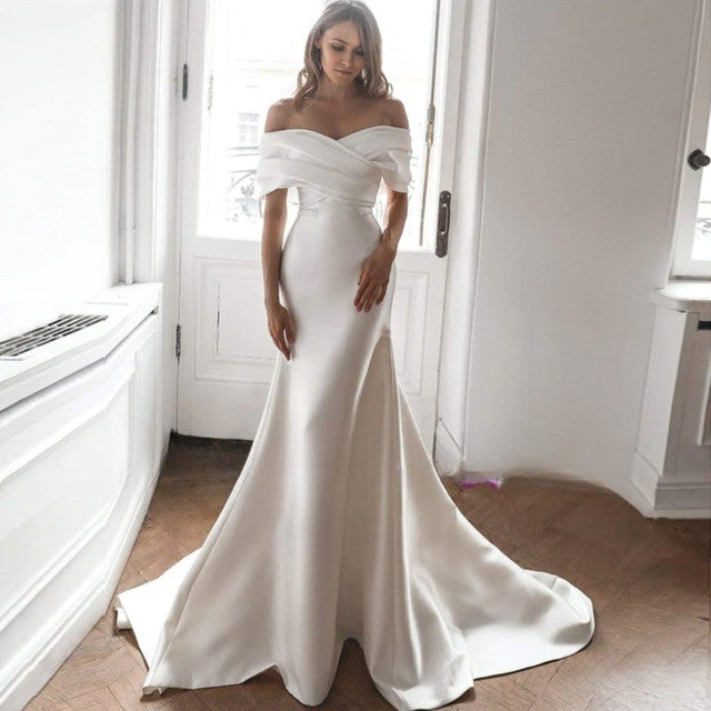 Satin Wedding Dresses Simple Elegant Bridal Gowns Off The Shoulder Boat Neck Robes For Formal Party Glamorous Vestidos De Novia