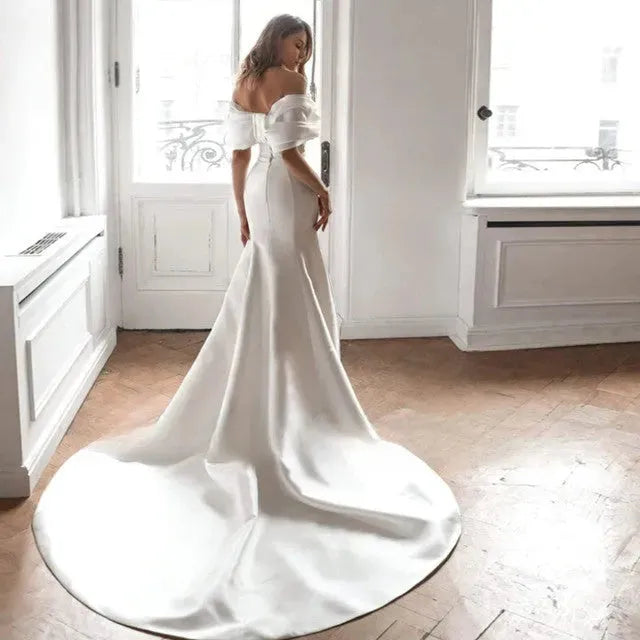 Satin Wedding Dresses Simple Elegant Bridal Gowns Off The Shoulder Boat Neck Robes For Formal Party Glamorous Vestidos De Novia 14w