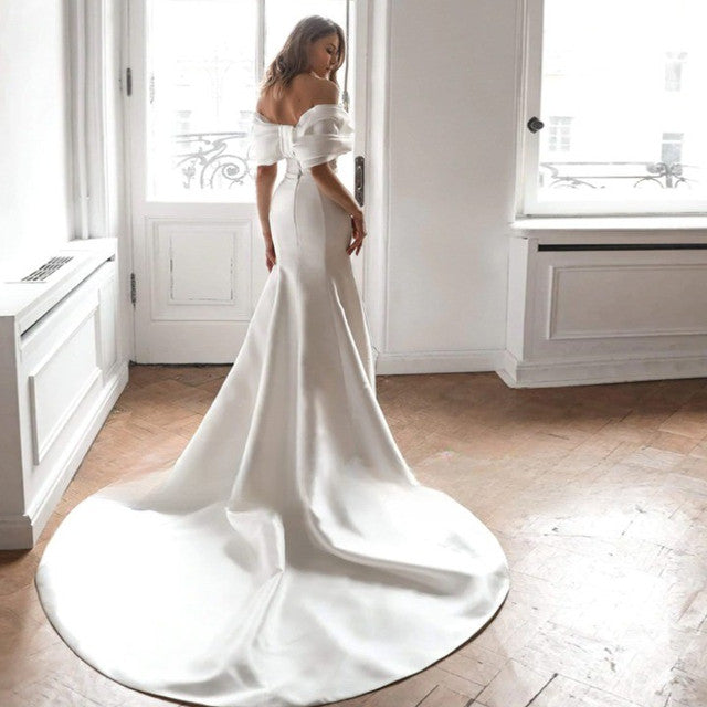 Satin Wedding Dresses Simple Elegant Bridal Gowns Off The Shoulder Boat Neck Robes For Formal Party Glamorous Vestidos De Novia