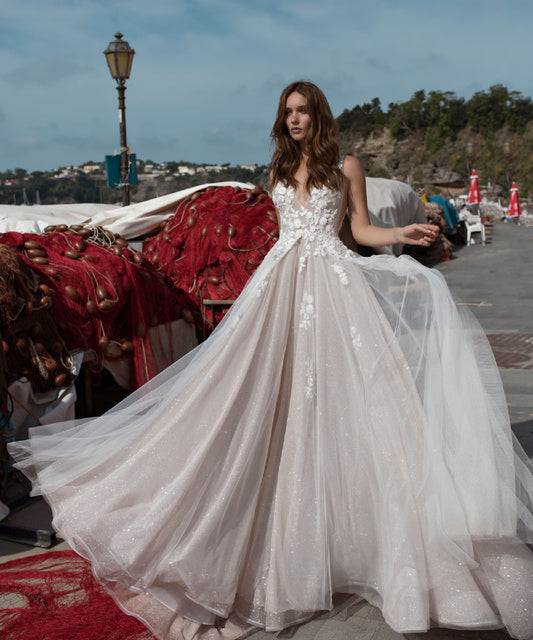 Vestidos de novia sexis sin espalda para la playa con cuello en V y lados recortados, vestidos de novia con apliques florales, falda brillante, vestidos de novia de corte a