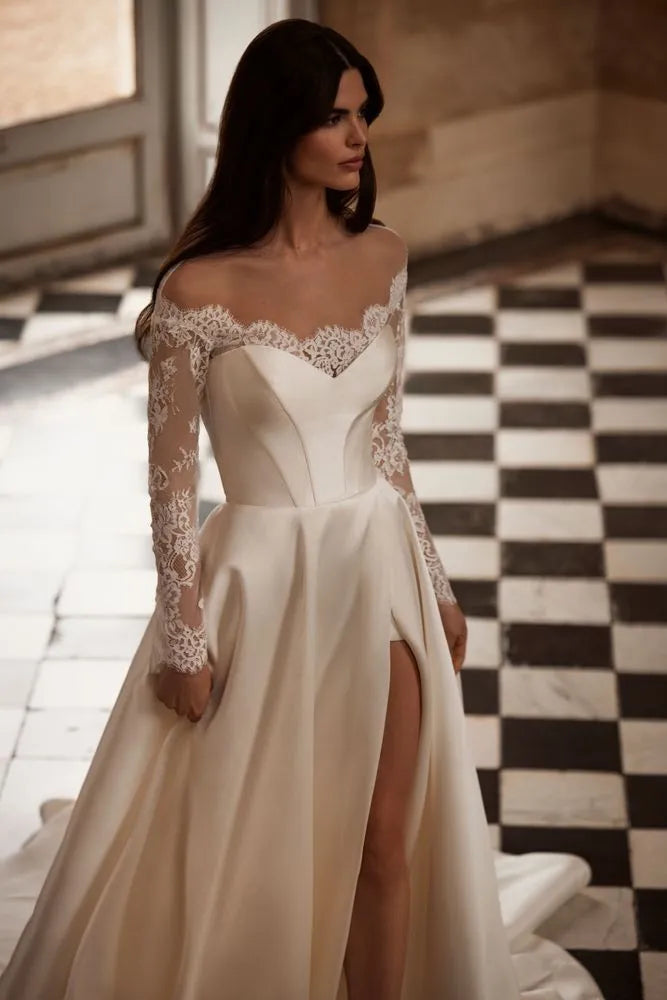 Sophisticated A-Line Wedding Gown Fashioned from Mikado Satin Bridal Gown Princess Wedding Dress Modern Court Train Bow Vestido De Novia Mermaid Satin