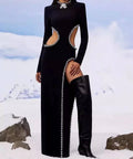 Winter Black Dress Women Sexy Hollow Out High Slit Fashion Party Wear Bandage Dress With Long Sleeve