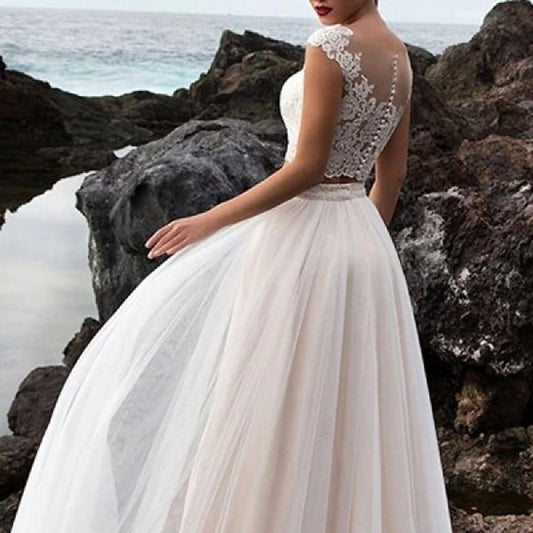 Dua keping Pantai Perkahwinan Gaun Gaun Pengantin Elegant Boho Champagne Cap Lengan Ilusi Vestido de Novia Vintage