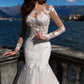 Fascinating Bateau Neckline See-through Bodice Mermaid Wedding Dress 2021 Lace Appliques Beadings Beach Long Sleeve Bride Dress