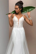 Romantic Mermaid Wedding Dress with Straps, V-Neckline, and Lace Embellishments for a Stunning Bridal Look Satin