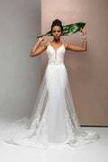 Romantic Mermaid Wedding Dress with Straps, V-Neckline, and Lace Embellishments for a Stunning Bridal Look Satin