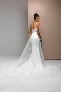 Romantic Mermaid Wedding Dress with Straps, V-Neckline, and Lace Embellishments for a Stunning Bridal Look Satin