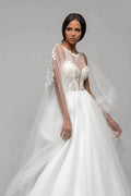 Stunning Puffy A-Line Bridal Dress with Long Sleeves, V-Neckline, and Lace Embellishments for a Timeless Bridal Look Satin