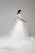 Stunning Puffy A-Line Bridal Dress with Long Sleeves, V-Neckline, and Lace Embellishments for a Timeless Bridal Look Satin