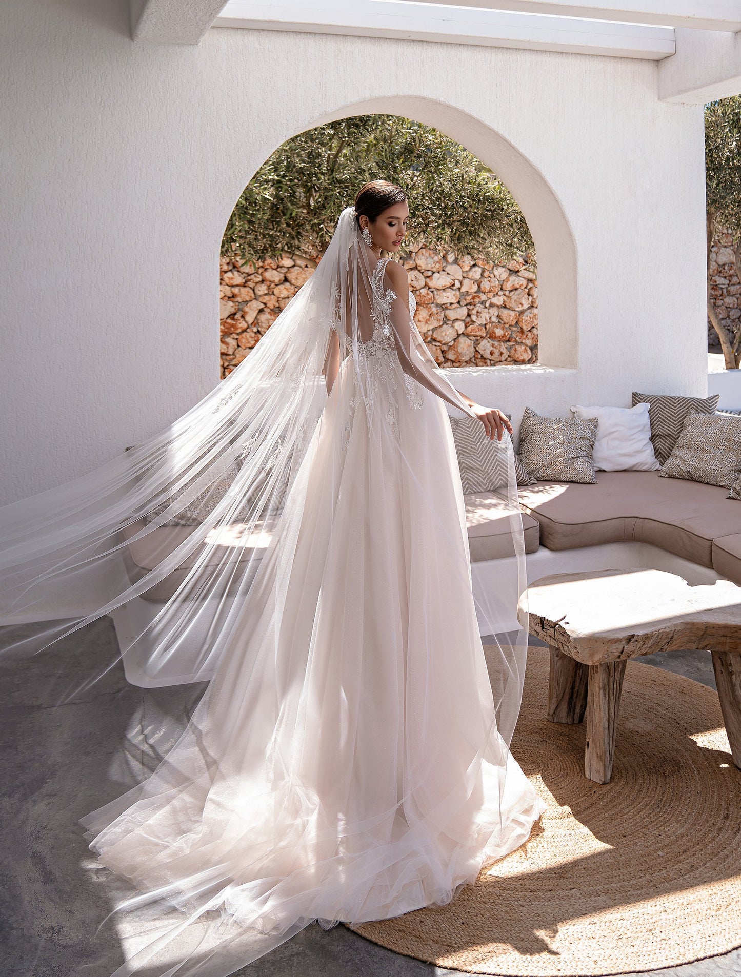 Vestidos de novia de ensueño de playa, vestidos de novia de encaje con apliques sin espalda y escote en V, mangas abullonadas, fiesta de princesa de tul