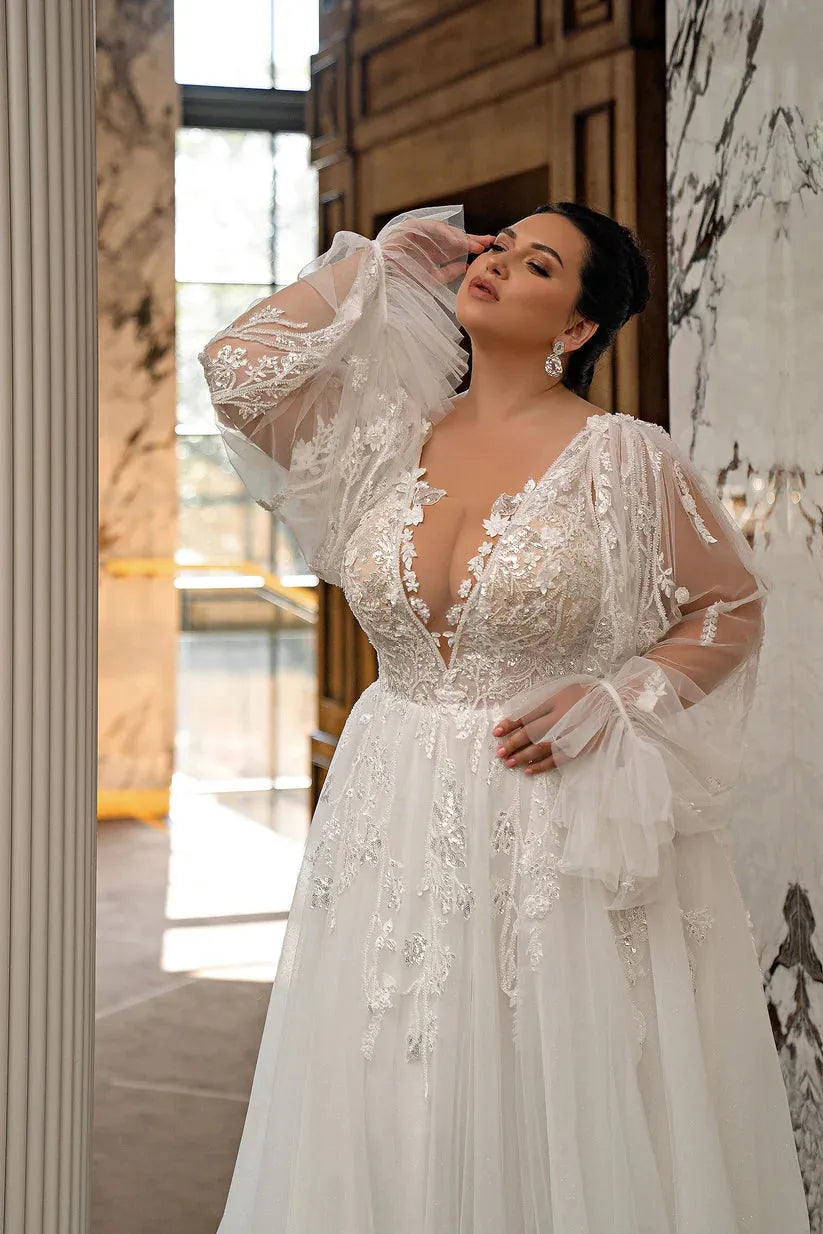 Sexy V-Neck Plus Size Wedding Dress Detachable Puff Sleeves Applique Bride Gowns A-Line Custom Made Robe De Mariée Plus Size