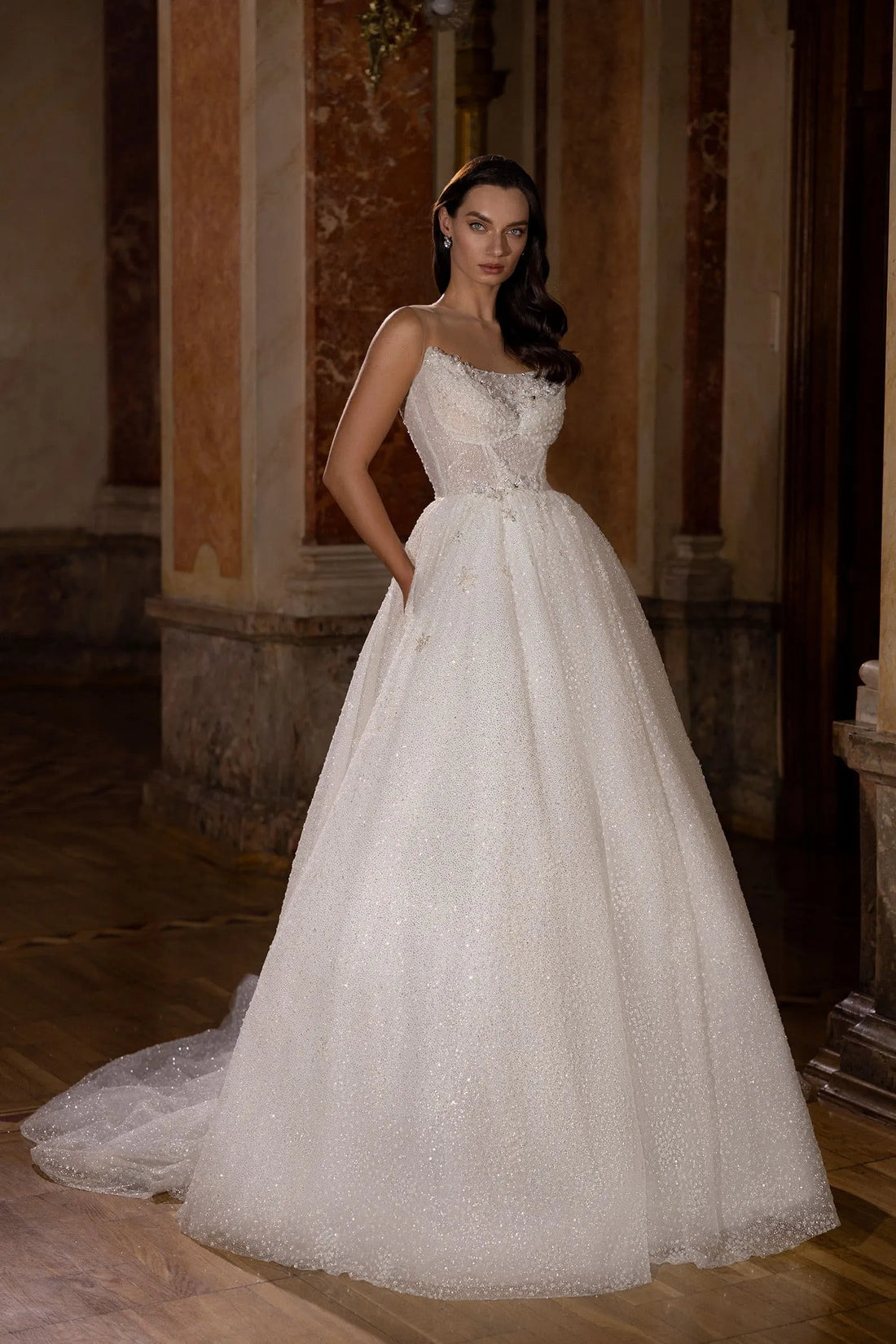 Long Wedding Dress A Line Shiny Glitter Tulle Bride Dresses Satin