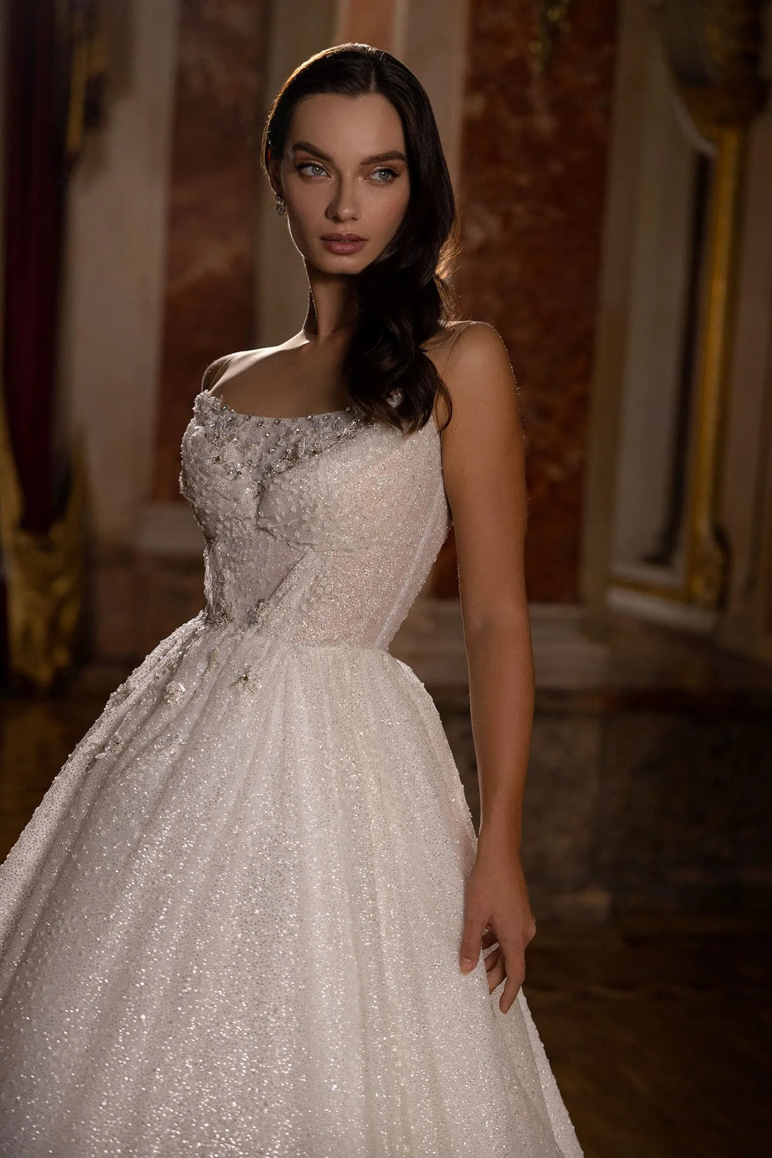 Long Wedding Dress A Line Shiny Glitter Tulle Bride Dresses Satin