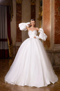 Sweetheart A Line Simple Wedding Gown Long Detachable Puffy Sleeves Bride Dress Satin