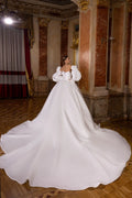 Sweetheart A Line Simple Wedding Gown Long Detachable Puffy Sleeves Bride Dress Satin